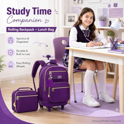 HPJGD 3PCS Girls Rolling Backpack, Womens Dark Purple School Backpacks with Wheels, Water Resistant Roller Kids Wheeled Bookbag Set - color: Classic Dark Purple Rolling Backpack Set