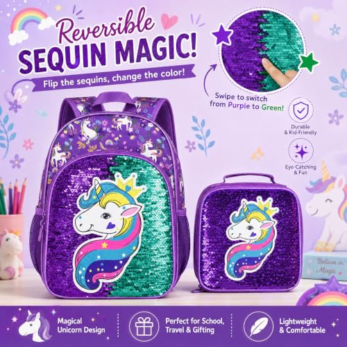 gxtvo 3PCS Girls Backpack, 16" Sequin Prechool Elementary Bookbag and Lunch Box - color: Unicorn Purple Hw