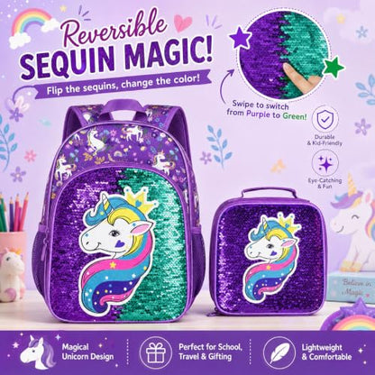 gxtvo 3PCS Girls Backpack, 16" Sequin Prechool Elementary Bookbag and Lunch Box - color: Unicorn Purple Hw