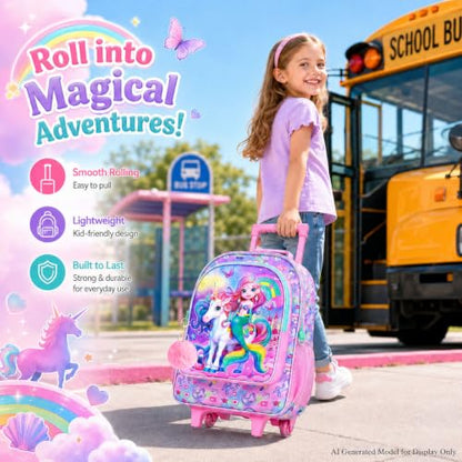 AGSDON 3PCS Kids Rolling Backpack, Girls Roller Wheels Bookbag, Wheeled Elementary School Bag with Lunch Bag - Mermaid - color: Fish Uni Rainbow Roller