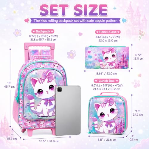 CCJPX 3PCS Rolling Backpack for Girls,Kids Cat Backpacks with Roller Wheels, Wheeled Bookbag with Lunch Box for Toddler Elementary School - color: White Cat
