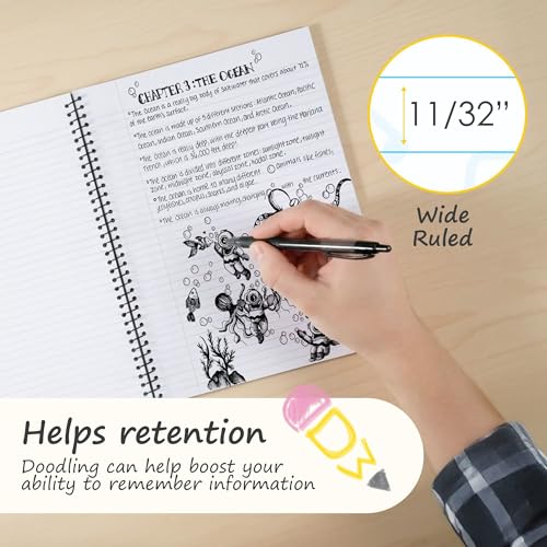 DoodleWrite Wide Ruled Spiral Notebooks, Student School Notebook with Doodle Prompts for Focus & Creativity, Perforated 3-Hole Punched Pages, 8" x 10.5" 50 Sheets, Bulk 24 Pack - size: Wide Rule (Pack of 24), style: 24 Pack