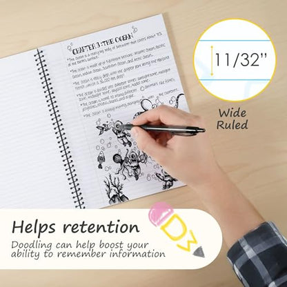 DoodleWrite Wide Ruled Spiral Notebooks, Student School Notebook with Doodle Prompts for Focus & Creativity, Perforated 3-Hole Punched Pages, 8" x 10.5" 50 Sheets, Bulk 24 Pack - size: Wide Rule (Pack of 24), style: 24 Pack