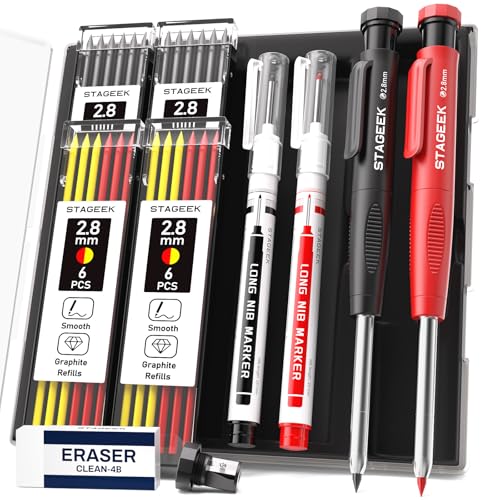 STAGEEK 2.8mm Carpenter Pencils with Sharpener, 2-Pack, Storage Case | 26 Refills, Deep Hole Long Nib Marker, Waterproof Heavy Duty Woodworking Tools for Architect Construction Electricians - color: Red+Black