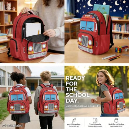 Classic Fire Truck Backpack for Boys Girls Kids Backpack with Lunch Box Water Bottle Pouch and Zipper Pencil Case 4PCS Set Bookbag with Pockets for School 17 inch Large Capacity School Bag - color: Classic Fire Truck