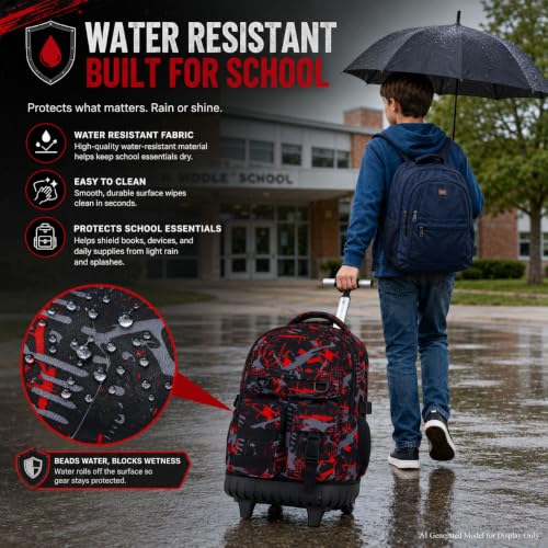 CCJPX 3Pcs Rolling Backpack for Boys, Roller Wheeled School Bookbag, Graffiti Wheels Backpacks with Lunch Box for Kids (Red) - color: Graffiti Red