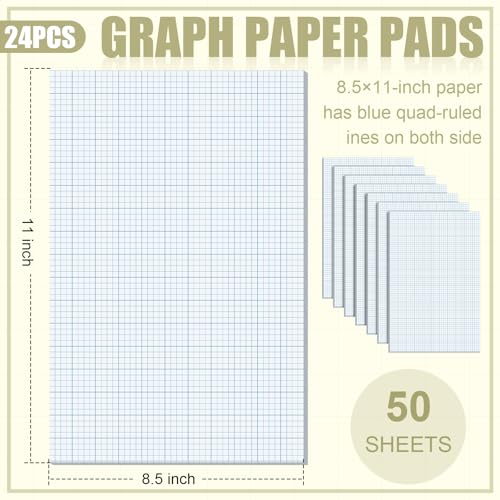 Ctosree 24 Pack Graph Paper Pads 8.5" x 11", 4x4 Quad Ruled, 50 Sheets/100 Pages Back to School Graph Paper for Engineer Architect Designer Mathematician Draftsman - color: blue