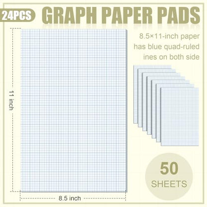 Ctosree 24 Pack Graph Paper Pads 8.5" x 11", 4x4 Quad Ruled, 50 Sheets/100 Pages Back to School Graph Paper for Engineer Architect Designer Mathematician Draftsman - color: blue