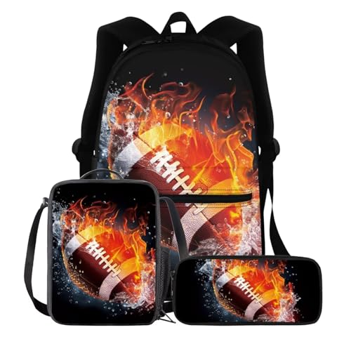 BIGCARJOB American Football Backpack Boys School Bags for Kids Children,3 In 1 Flame Football Backpack School Bookbags for Boys Teens Large Rucksack Schoolbags Set Soccer Lunchbags Pencil Case - color: Flame American Football, size: One Size