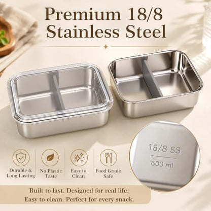 Snackle Box Container with Ice Pack, 304 Stainless Steel Snackle Box Set | 7-piece set, stainless steel, ice pack, insulated bag, fork & spoon, customizable divider system, flexible configuration