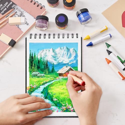 8.3x5.8 Sketch Book, Top Spiral Bound Sketch Pad, 60sheets 92lb/150gsm Bright White Paper, Acid-Free Mixed Media Paper for Painting, Dawing & Art Supplies. B-Black - color: TopSpiral-BrightWhite-Black