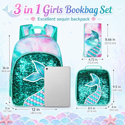 gxtvo 3PCS Girls Backpack, 16" Sequin Prechool Elementary Bookbag and Lunch Box - color: Fish Tail Green