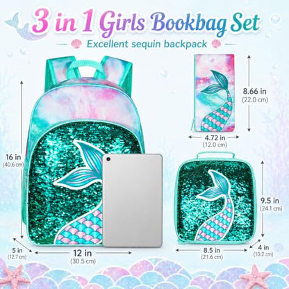 gxtvo 3PCS Girls Backpack, 16" Sequin Prechool Elementary Bookbag and Lunch Box - color: Fish Tail Green