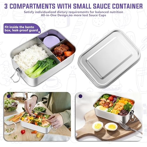 HaWare Large Stainless Steel Bento Lunch Box, 47oz (1400ml) with Divider | 3 Compartment, Purple Condiment Container &Carrying Bag Included, Leak-Proof, Dishwasher Safe - color: Lilac Purple, size: 47oz-(1400ml)