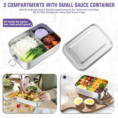 HaWare Large Stainless Steel Bento Lunch Box, 47oz (1400ml) with Divider | 3 Compartment, Purple Condiment Container &Carrying Bag Included, Leak-Proof, Dishwasher Safe - color: Lilac Purple, size: 47oz-(1400ml)