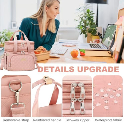 AIJIEKE Lunch Bag for Women, Insulated Double Deck Work Lunch Box, Pink | Durable, leakproof thermal cooler tote. Double compartment, expandable pockets, strap. For travel meal prep, beach, picnic - color: Pink