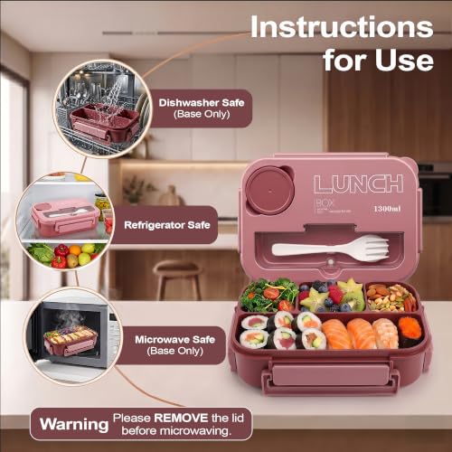 Bento Box Adult Lunch Box, Lunch Containers for Adults 44.5 Oz/5 Cup, Pink | BPA-Free, Lid-Top Sauce Tray, Leak-Proof, 1300mL, Removable Silicone Sealing Ring, Lid-Top Utensil Slot with Included Cutlery - color: Pink