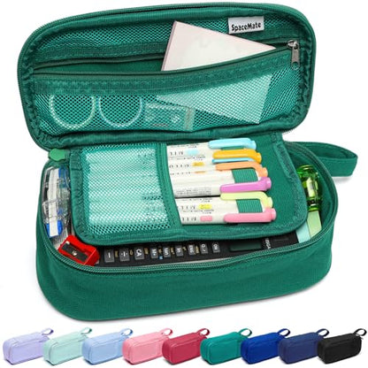 SPACEMATE Heavy Duty Canvas Pencil Case Pouch Bag - Holds 50-100 Pencils - Large Big Capacity Aesthetic Pen Case School Supplies for Girls Boys Women Men Adults (Green) - color: Green