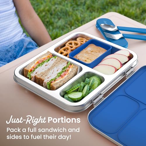 Bentgo Kids Stainless Steel Leak-Resistant Lunch Box - 3-Compartments with Bonus Silicone Container, Durable, Eco-Friendly, Dishwasher Safe, BPA-Free, Ideal for School, Ages 3+ (Blue) - color: Blue