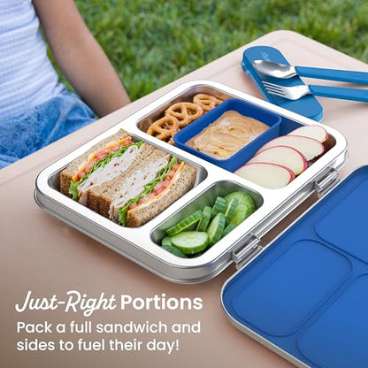Bentgo Kids Stainless Steel Leak-Resistant Lunch Box - 3-Compartments with Bonus Silicone Container, Durable, Eco-Friendly, Dishwasher Safe, BPA-Free, Ideal for School, Ages 3+ (Blue) - color: Blue