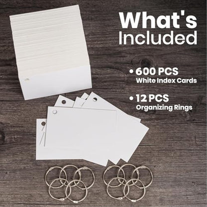 Index Cards, 600 PCS 3 x 5 Inch Punched Flash Cards with 12 Organizing Rings, White Flashcards for Studying, Blank Memo Note Cards for Adults Kids Home School Office
