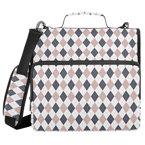 Blue Brown Diamond Checkered Plaid Striped Binder Bag 3 Ring Zipper Binders with Shoulder Strap for School Office Organizer Storage - color: Q004