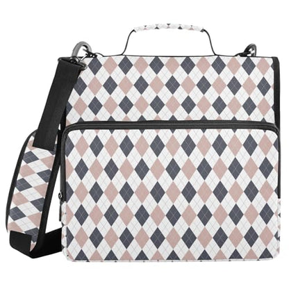 Blue Brown Diamond Checkered Plaid Striped Binder Bag 3 Ring Zipper Binders with Shoulder Strap for School Office Organizer Storage - color: Q004