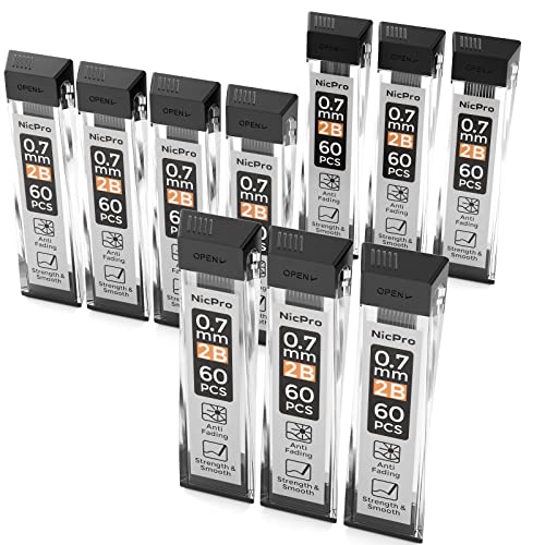 Nicpro 600pcs Mechanical Pencil Refills 0.7 mm, Break Resistant Mechanical Pencil Refills 2B, 60 Pack Per Tube, 10 Tubes - size: 60 Count (Pack of 10), style: 0.7 2B
