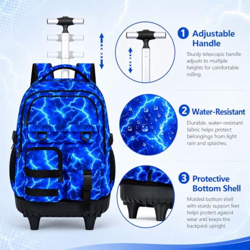 CCJPX Rolling Backpack for Boys, 3Pcs Roller Wheeled School Bookbag, Lightning Wheels Backpacks with Lunch Box for Kids (Blue) - color: Lightning Blue