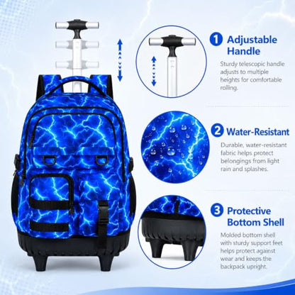 CCJPX Rolling Backpack for Boys, 3Pcs Roller Wheeled School Bookbag, Lightning Wheels Backpacks with Lunch Box for Kids (Blue) - color: Lightning Blue