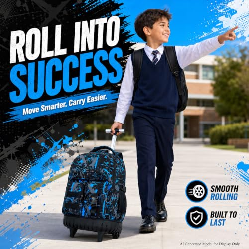 WZLVO 3PCS Wheeled Backpack, Water Resistance Rolling Bookbag for Boys, Roller School Bag Set with Lunch Box & Pencil Bag for Teens & Kids - Spray Blue - color: 3pcs Boys Rolling Backpack - Spray Blue