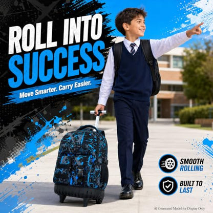 WZLVO 3PCS Wheeled Backpack, Water Resistance Rolling Bookbag for Boys, Roller School Bag Set with Lunch Box & Pencil Bag for Teens & Kids - Spray Blue - color: 3pcs Boys Rolling Backpack - Spray Blue