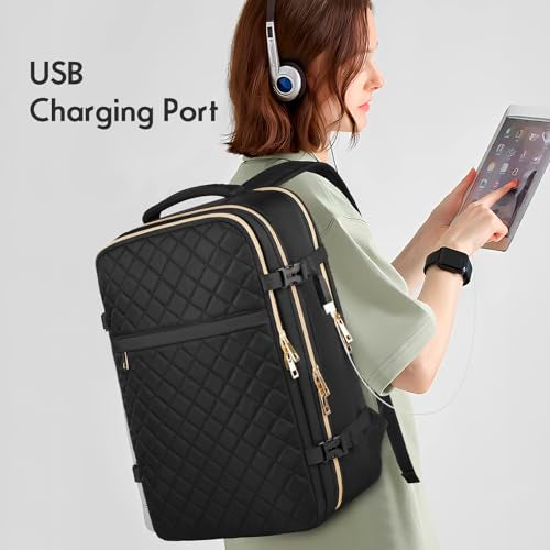 MOMUVO Large Travel Backpack Women, Flight Approved Carry On Backpack, Water Resistant Anti-Theft Casual Daypack School Bag Fit 17 Inch Laptop with USB Charging Port, Black - color: Black, size: 17.3 inch
