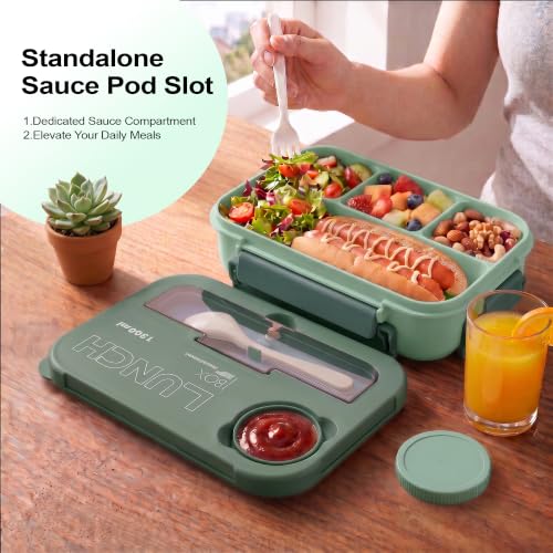 Bento Box Adult Lunch Box, Lunch Containers for Adults 44.5 Oz/5 Cup, Green | BPA-Free, Lid-Top Sauce Tray, Leak-Proof, 1300mL, Removable Silicone Sealing Ring, Lid-Top Utensil Slot with Included Cutlery - color: Green