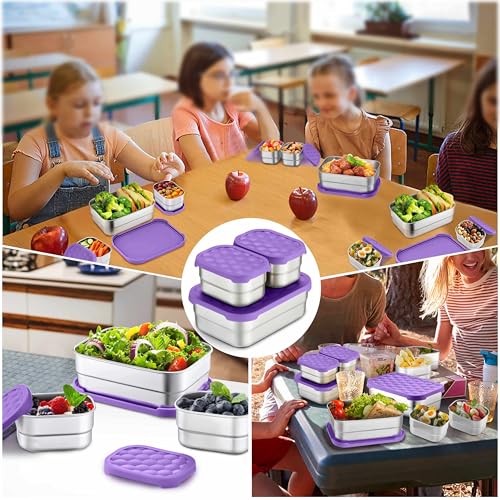 Homikit 3 Pack Kids Lunch Box Set, 18/10 Stainless Steel Bento Boxes with Silicone Lids Leak Proof, 5 Cups Reusable Metal Food Snack Containers for School Daycare, Nontoxic & Dishwasher Safe, Purple - color: Purple, size: Medium