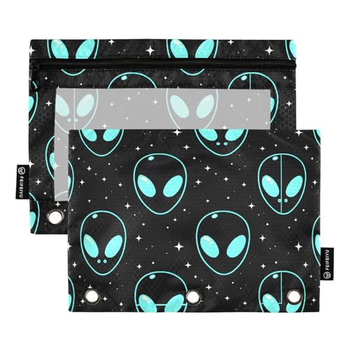 Pencil Pouch for 3 Ring Binder, Blue Aliens Large Pencil Case Clear Window Pen Bag, Zipper Binder Pouch Accessories for Office School Supplies, 2 Pack - color: A005, size: 9.84 x 7.08 x 0.19 in