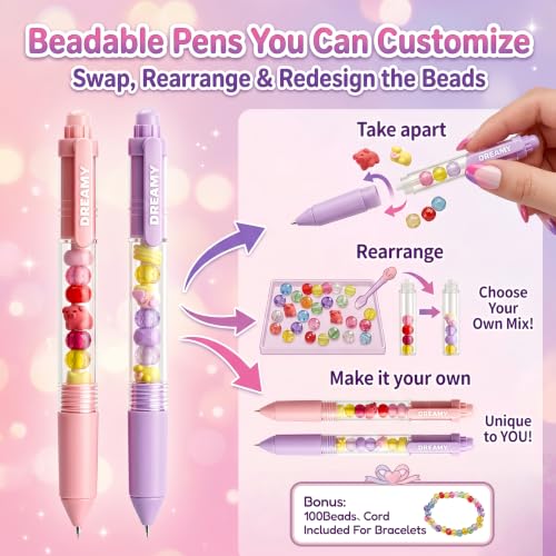 DIY Journal Kit for Girls, Cute Kawaii Stationery Gift Set with 2 Hole-Punched Spiral Notebooks , 2 Beadable Pens, 100 Beads&5m Elastic String,Arts and Crafts Birthday Gift for Tween Girls Age 8-12+