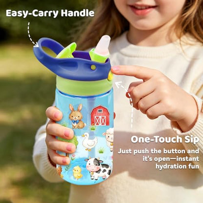 Farm Friends 14oz Water Bottle with Straw – Leakproof BPA-Free Plastic Pop-Up Spout, Reusable Leak-Proof Travel Bottle for Kids & Outdoor Sports - color: Farm1