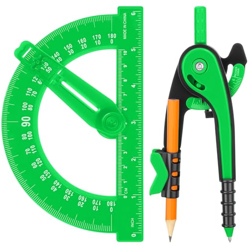 Zonon 2 Pcs Student Protractor and Compass, Student Geometry Math Set Drawing Compass and 180 Degree 6 Inch Protractor with Swing Arm for Drawing Measuring School Office (Green) - color: Green