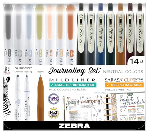 Zebra Pen Sarasa Clip Vintage and Mildliner Neutral Set, Ideal for Bible Highlighting, No Bleed, Ideal for Bible Highlighting and Bullet Journaling, Fine Point, Assorted Colors, 14-Pack (10114) - style: Journaling Set Vintage Neutral