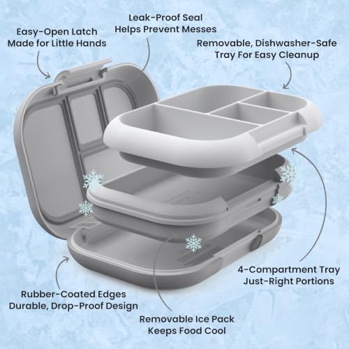 Bentgo Chill Kids Leakproof Lunch Box - 4-Compartment Bento Box with Built-In Ice Pack, 3.3 Cup Capacity, BPA-Free, Microwave & Dishwasher Safe Tray, Ages 3–7 (Gray) - color: Gray