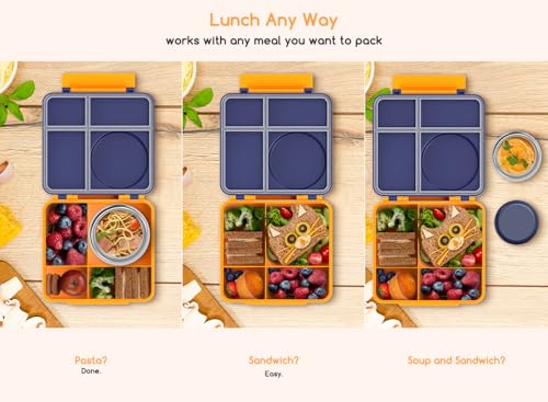 Bento Box for Kids - Leak-Proof Bento Lunch Box with Insulated Thermo Food Jar - 4 Compartments, 1 Removable Divider, 1 Spoon, 1 Fork - Dishwasher Safe, BPA-Free (Navy blue) - color: Navy Blue