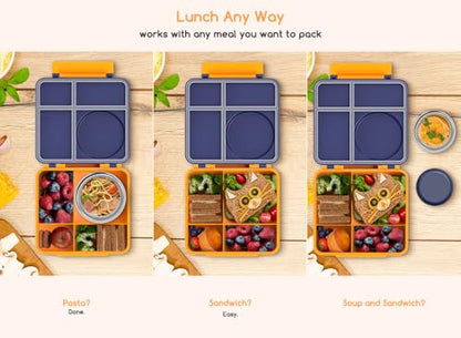 Bento Box for Kids - Leak-Proof Bento Lunch Box with Insulated Thermo Food Jar - 4 Compartments, 1 Removable Divider, 1 Spoon, 1 Fork - Dishwasher Safe, BPA-Free (Navy blue) - color: Navy Blue