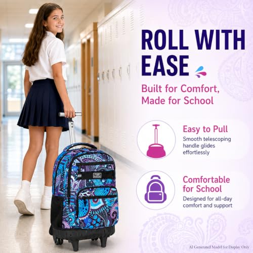 AGSDON Rolling Backpack for Girls, Women Roller Wheels Bookbag, Laptop Flower Wheeled School Bag with Wheels for Teens - color: Purple