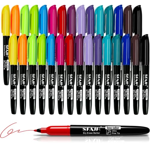 SFAIH Ultra Fine Tip Dry Erase Markers 15 Colors, 30 Pack - 0.7mm Fine Point Thin Markers for Detailed Calendars & Small Grids, Low Odor Whiteboard Markers for Planners & Home Office - color: 30 Pack 15 Assorted