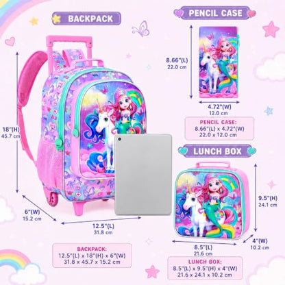 AGSDON 3PCS Kids Rolling Backpack, Girls Roller Wheels Bookbag, Wheeled Elementary School Bag with Lunch Bag - Mermaid - color: Fish Uni Rainbow Roller