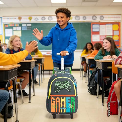 Kids Rolling Backpack for Boys 16.5" School Roller Backpack with Lunch Box, Toddler Backpacks with Wheels Rollig Wheeled Backpacks for Elementary School - color: Black Game