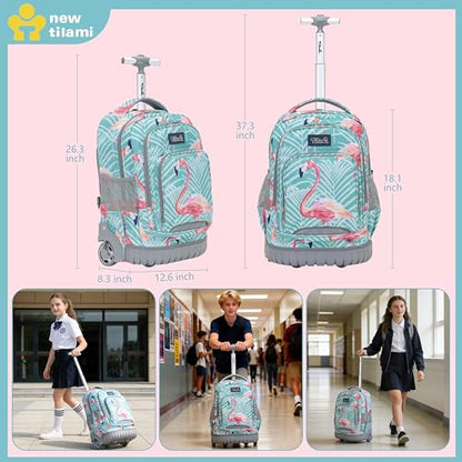 NEW TILAMI Rolling Backpack for Kids 18 Inch Wheeled Laptop Backpack Kids School Travel - color: Flamingo