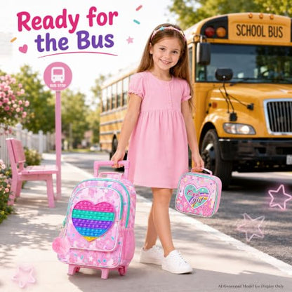 CCJPX 3Pcs Kids Rolling Backpack for Girls, Love Roller Wheeled Bookbag Toddler Elementary School Bag with Wheels (Pink) - color: Love Pink