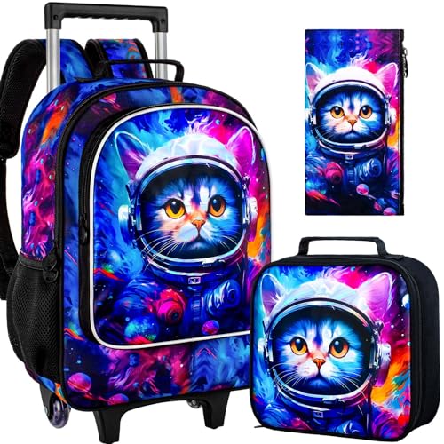 gxtvo Kids Rolling Backpack for Girls, Roller Wheeled Bookbag - Wheeled Elementary School Bag - 3PCS Cat - color: Space Cat Rolling Set